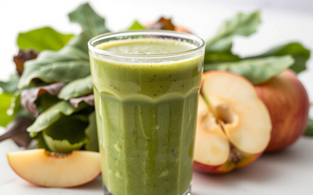 Imagine cu un shot verde de smoothie, indicând detoxifiere