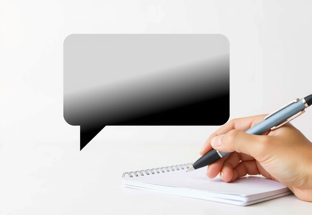 Imagine minimalistă a unui balon de vorbire stilizat sau a unei mâini care ține un pix, simbolizând comunicarea.