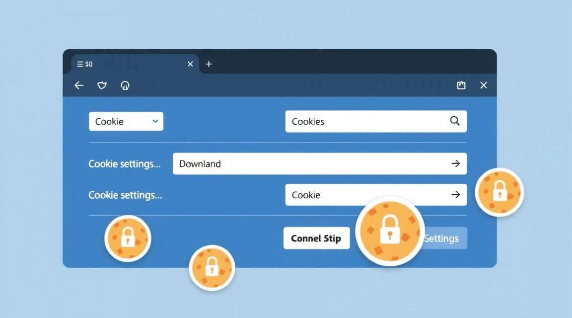 Ilustrație cu un browser web care afișează setările cookie-urilor și iconițe de securitate