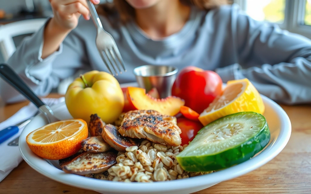 A person enjoying a balanced meal rich in vegetables, fruits, and lean protein, emphasizing healthy eating habits for mineral intake.