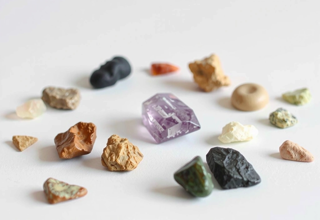 Minimalist image of various natural stones or earth elements, symbolizing minerals. No text.