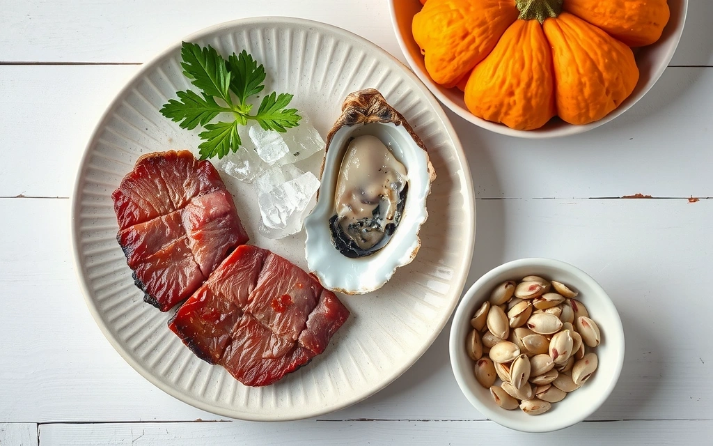 Red meat, oysters, and pumpkin seeds, symbolizing zinc sources.