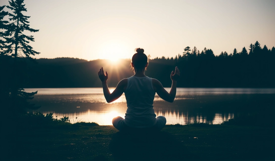 O persoană meditând în natură, simbolizând echilibrul și pacea interioară