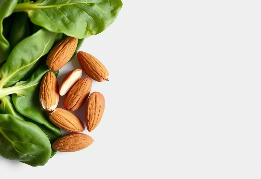 Imagine minimalistă cu migdale și spanac, simbolizând Magneziul.