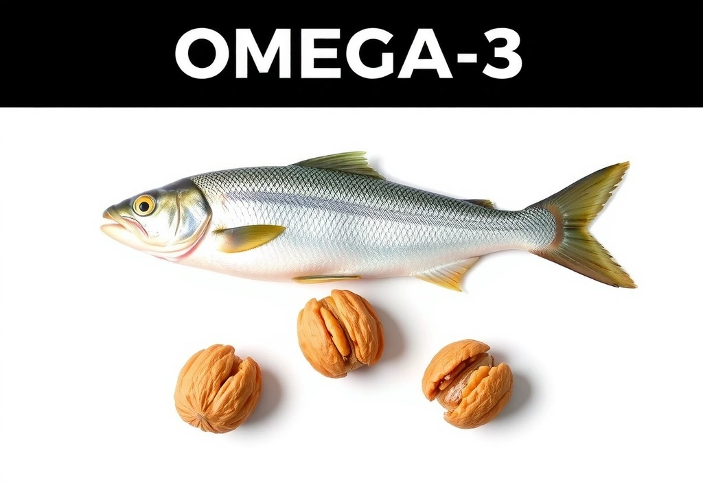 Imagine minimalistă cu pește și nuci, simbolizând Omega-3.