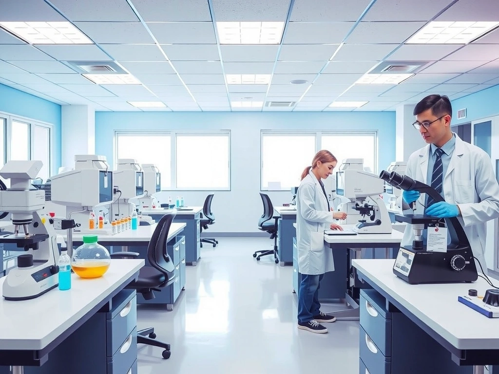 O imagine vibrantă a unui laborator modern cu echipamente de cercetare și oameni de știință.